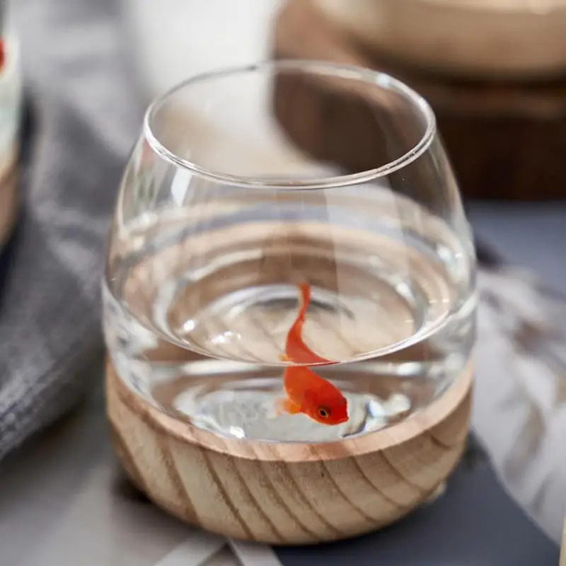 Planted Aquarium For Goldfish - Ahşap Tabanlı Dekoratif Yuvarlak Cam Akvaryum